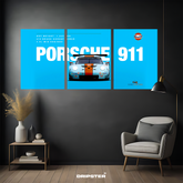 Porsche 911 Gulf poster set by Dripster featuring blue and orange racing car design in triptych style